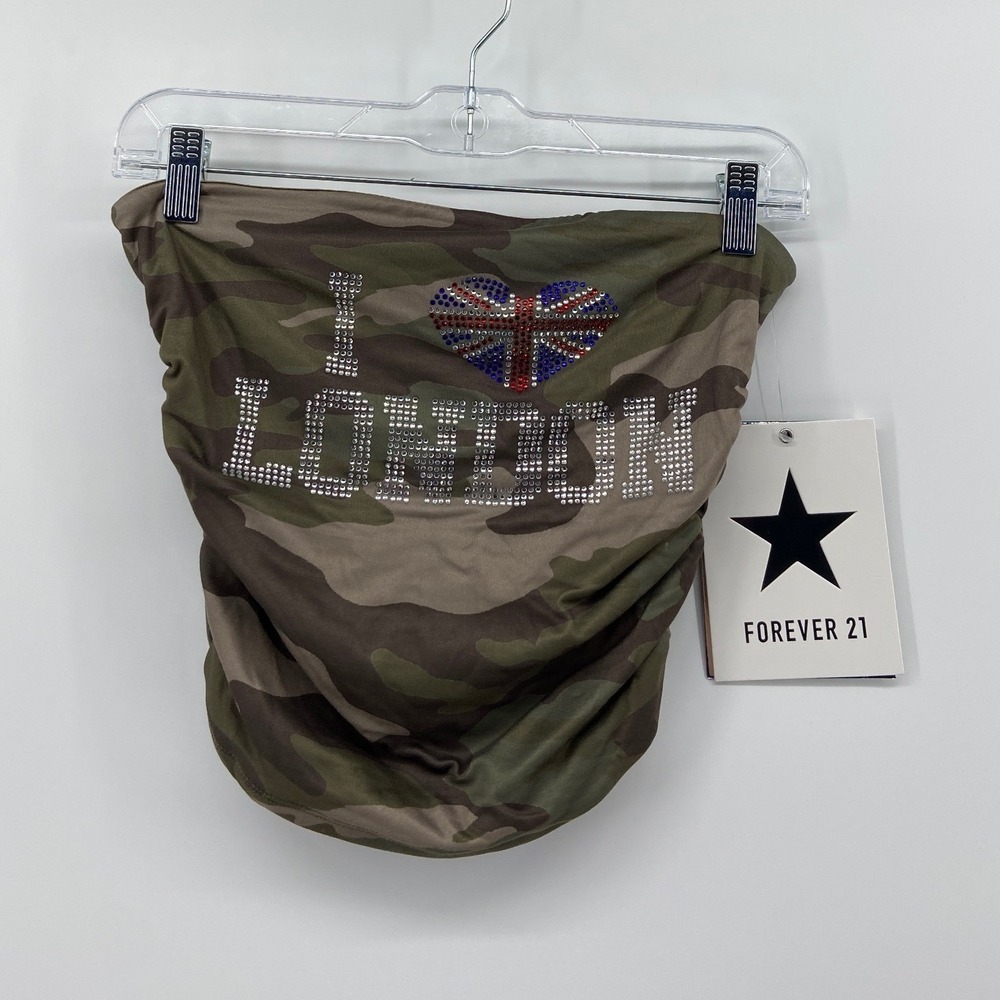 Forever 21 Camo I Heart London Rhinestone Tube Top Green Camouflage Medium NWT